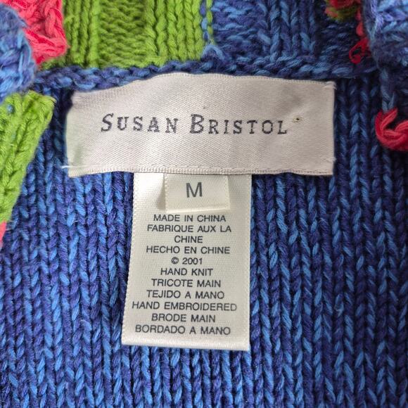 Susan Bristol Blue Red Handknit Patchwork Zip Up Vintage Cardigan Sweater M - Picture 3 of 4